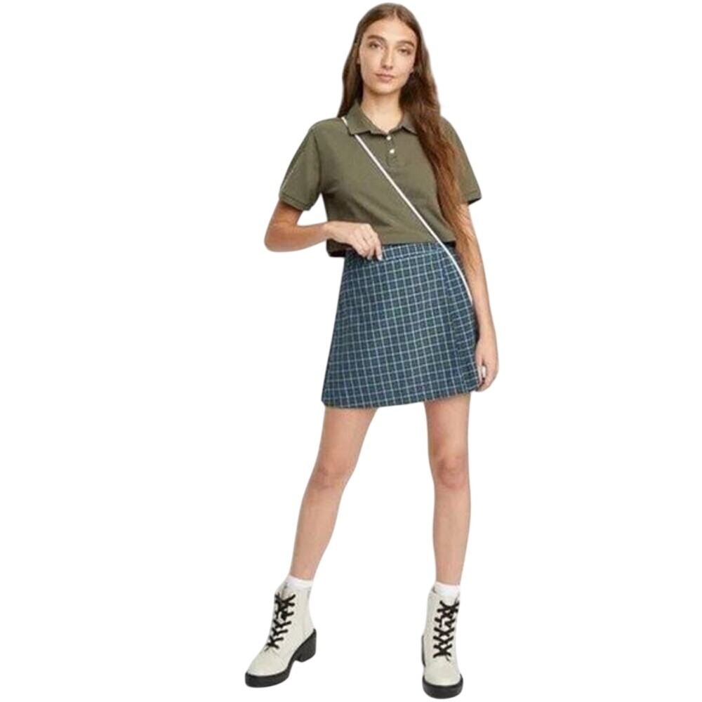 Wild Fable Pleated Plaid Mini Wrap Skirt Buckle Y2K Fashion Blue/Green Check - S
